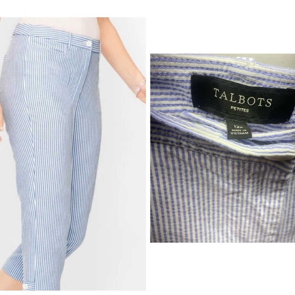 Talbots The Perfect Skimmer Capri 12 P Blue White Striped lightweight Seersucker
